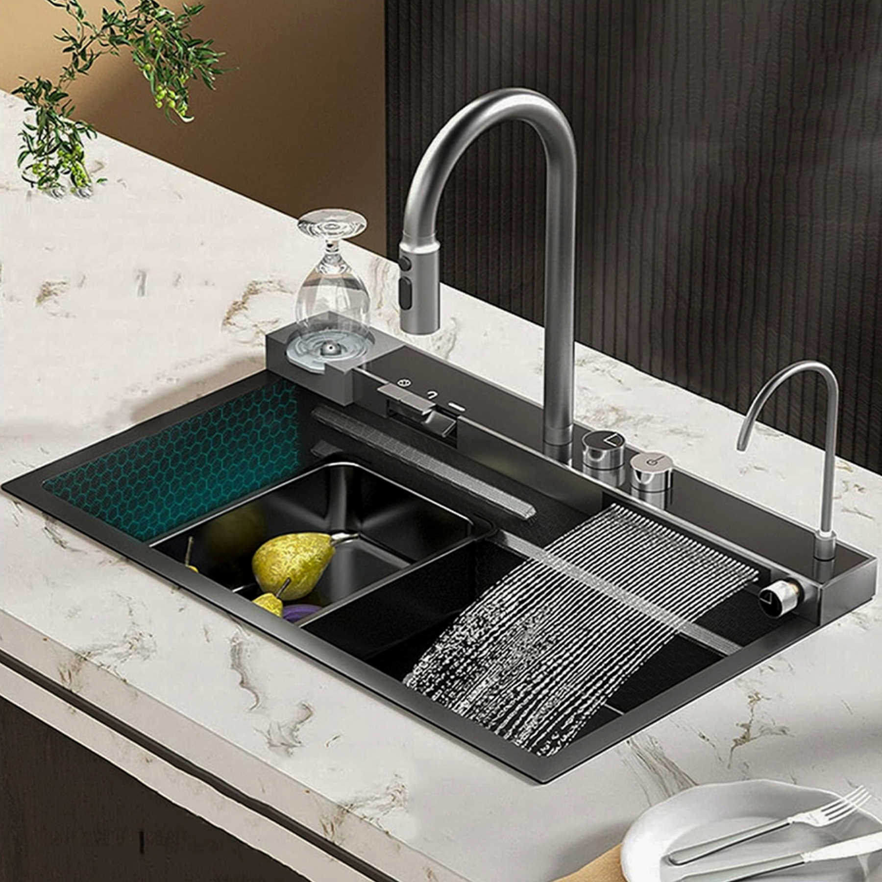 Bacha Michels de Embutir Inoxidable 75X46X22cm Prisma Black + Mezclador Rectangular